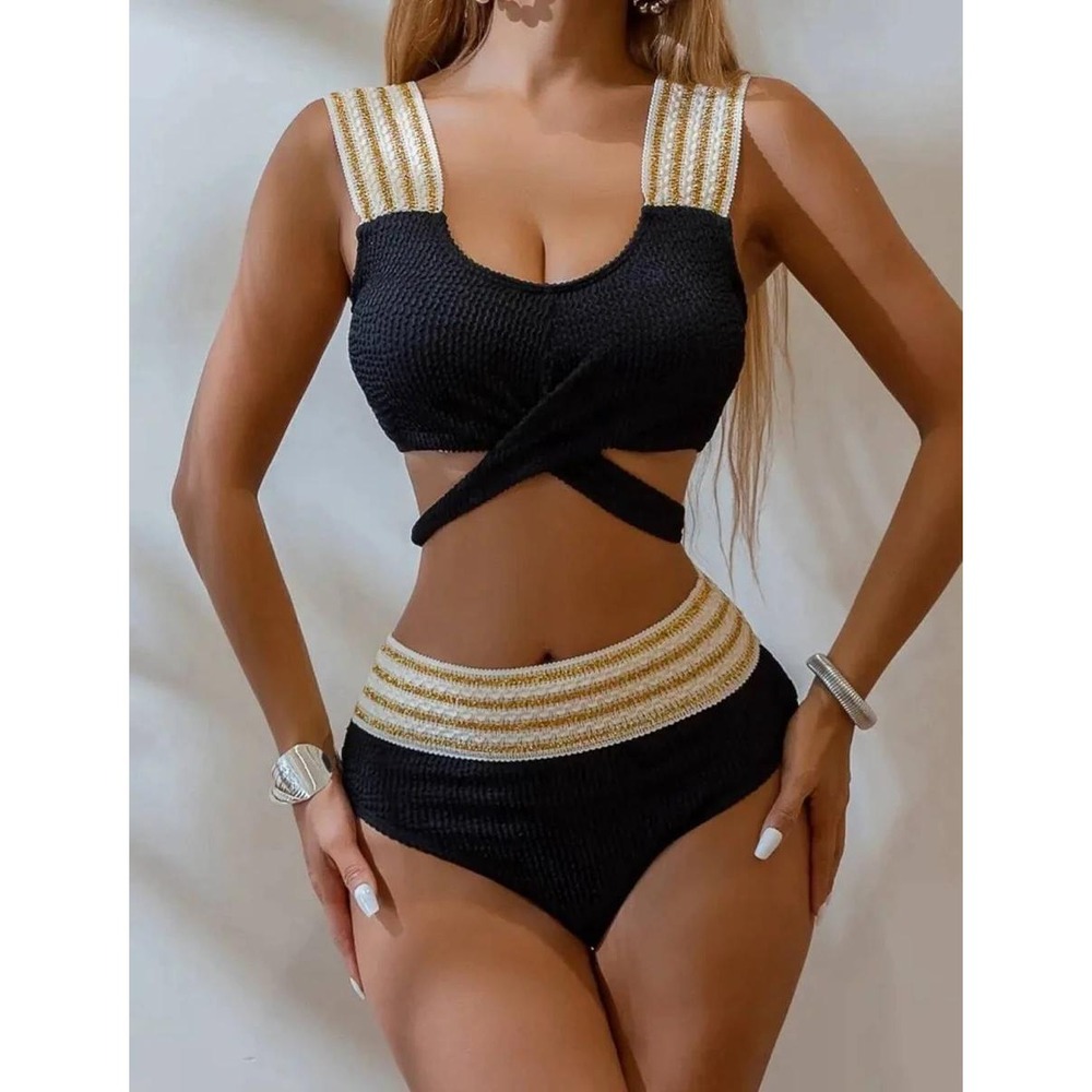 Black Textured Bikini Set Gold‎ Metallic Trim High Waist XL